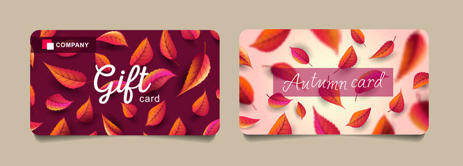 Wall Mural - Autumn Gift Voucher discount template with colorful leaves pattern. Card template with modern graphic