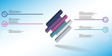 3D illustration infographic template with embossed cube divided to six shifted parts askew arranged