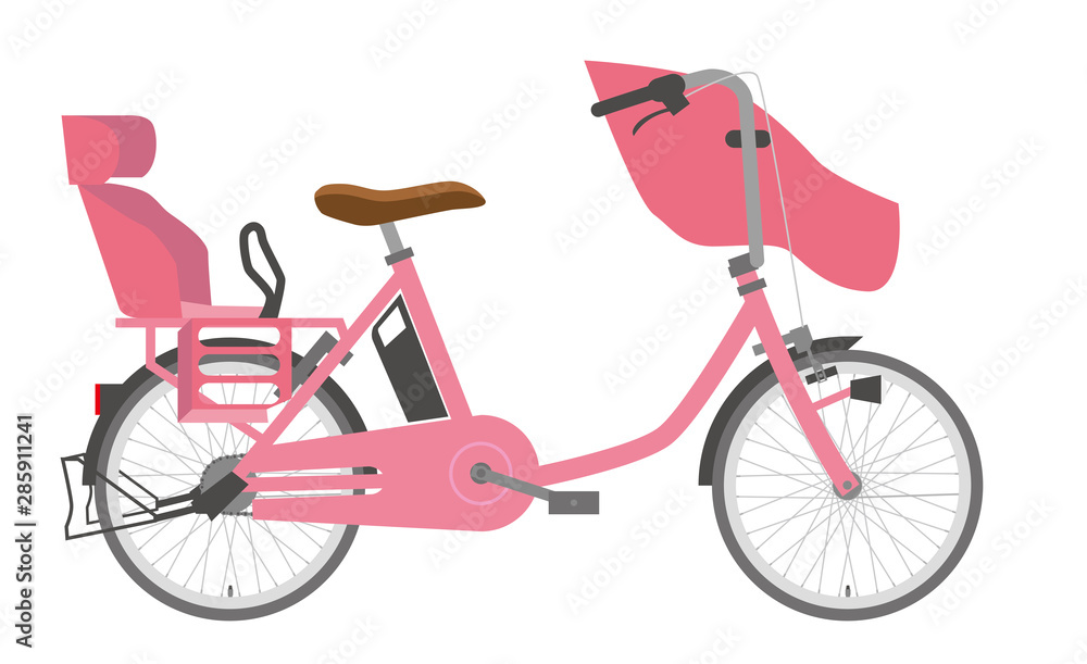 電動アシスト自転車のイラスト ピンク色｜三人乗り・横向き 