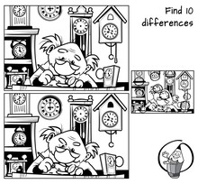 Watchmaker Repairing Broken Old Watch. Find 10 Differences. Educational Matching Game For Children. Black And White Cartoon Vector Illustration