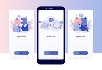 Wall Mural - Teamwork concept. Team metaphor. People connecting puzzle elements. Screen template for mobile smart phone. Modern flat cartoon style. Vector illustration