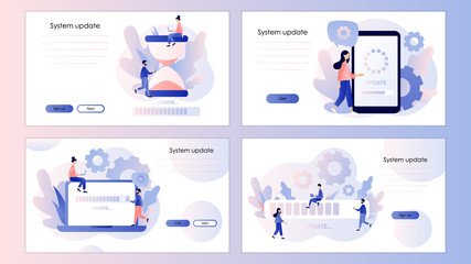 System update concept. Screen template for mobile smart phone, landing page, template, ui, web, mobile app, poster, banner, flyer. Modern flat cartoon style. Vector illustration