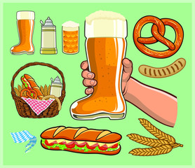 Oktoberfest design elements, beer boot glas, beer stein mug, and a basket of food and beverage