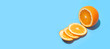Ripe juicy delicious orange on blue background. Healthy eating and dieting concept. Copy space. Free space for your text