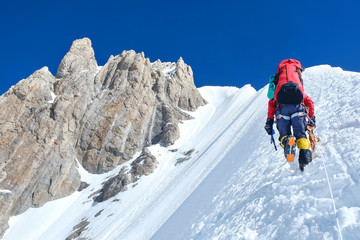 Fototapete - Climber reaches the summit of mountain peak enjoying the landscape view.