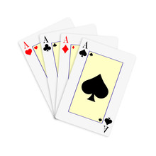 Set Of Four Aces Deck Of Cards For Playing Poker And Casino On White Background. Spades, Diamonds, Clubs And Hearts.
