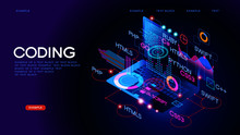 Workflow Group Of Programmers. Programmers In The Coding Process. Programming Concept.  3D Vector Isometric Illustration.