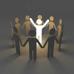 Leinwandbilder - Stand out from the crowd creative idea concepts One glowing light man standing with arms wide open among group of people holding hands in a circle on dark grey background with shadows 3D rendering