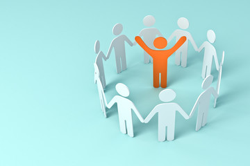 Leinwandbilder - Group of people holding hands with one leader orange man in center of the circle business concepts on blue pastel color background 3D rendering