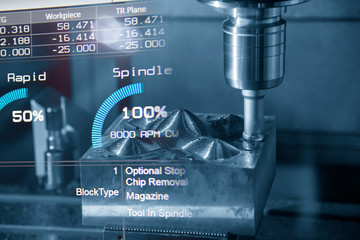 The abstract scene of CNC milling machine and the graphic background. The machining centre rough cutting the mould parts by indexable endmill tool.