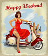 Pin-up girl on old scooter with  basket of food for  weekend.