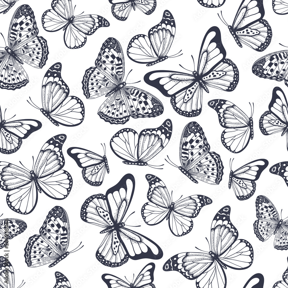 Hand drawn seamless pattern with outline butterflies Stock Vector ...