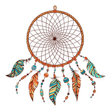 Hand Drawn Colorful Boho Illustration Of Indian Dream Catcher