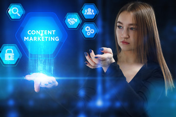 The concept of business, technology, the Internet and the network. A young entrepreneur working on a virtual screen of the future and sees the inscription: Content marketing