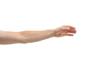 Wall Mural - Young man held out hand on white background, closeup