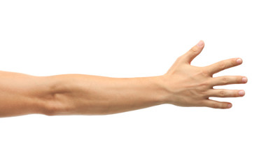 Wall Mural - young man held out hand on white background, closeup