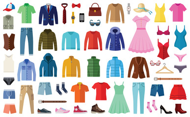 woman and man clothes and accessories collection - fashion wardrobe - vector color illustration