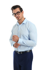 Wall Mural - Young man with glasses on white background