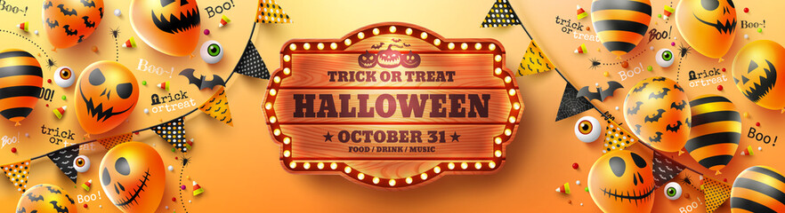 Wall Mural - Happy Halloween trick or treat poster with Halloween Ghost Balloons.Scary air balloons and Halloween Elements.Website spooky,Background or banner Halloween template.Vector illustration EPS10