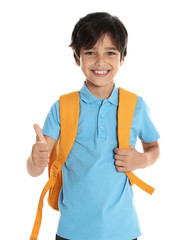 Happy boy in school uniform on white background