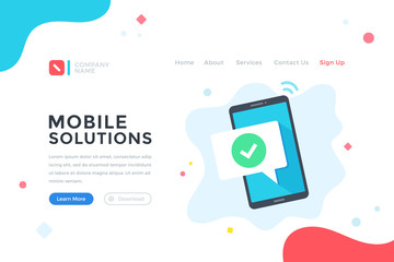 Mobile solutions. Hand holding mobile phone with check mark on screen. Smartphone and checkmark. Modern flat design graphic elements for web banner, landing page template, website. Vector illustration