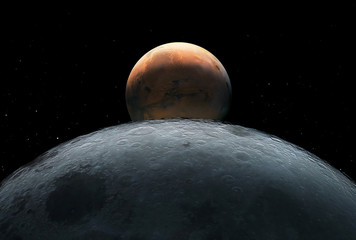 Wall Mural - View from the moon to Mars, in free space. Elements of this image were furnished by NASA