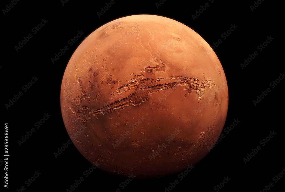 Planet Mars, in red rusty color, on a dark background.  Elements of this image were furnished by NASA - obrazy, fototapety, plakaty 