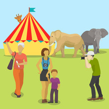 Circus Animals And People Taking Pictures Vector Illustration. Cartoon People And Animals In Front Of Retro Circus. Elephants And Amusement Near Circus Chapiteau Tent.