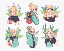 Collection Of Illustrations Of Yong Girl Related To Gardening, Flowers And Summer. Vector Illustration