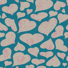 Vector Blue Green Hearts Anthromorphic Cartoon Characters Seamless Pattern Background
