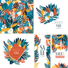 Wall Mural - Various leaves and flowers bouquet design collection. Collage style. Seamless pattern, cards, vertical banners. Summer sale. Vector illustration