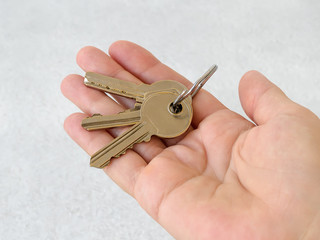 Caucasian woman hand holding a bunch of house keys on a ring in an open palm. To lend a hand with key and to give a key concept.