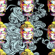 Buddha Seamless Pattern. Buddhism, Yoga. Figure Markers. Pop Art. Bright Print, Colored Spots. Freehand Drawing.