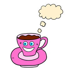 Wall Mural - Cartoon doodle linear tea cup and saucer character with thought bubble isolated on white background. Vector illustration.    