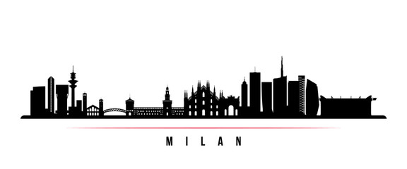 Milan City skyline horizontal banner. Black and white silhouette of Milan City, Italy. Vector template for your design.