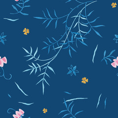  Bright cobalt color modern illustration plate decoration. Repeating leaves, petal thorns pattern. Soulful flora expression. Mediterranean cloth yard decor. Elegance plate serving seamless ornament