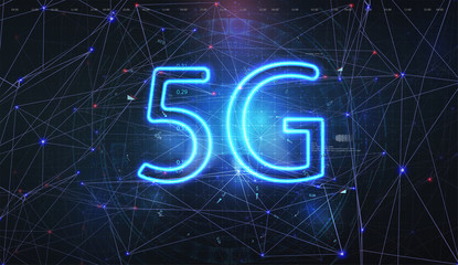 Poster - 5G data flow high speed internet web telecommunication. Abstract global with wireless communication network on futuristic background. Mobile internet concept. 3D Vector illustration. 