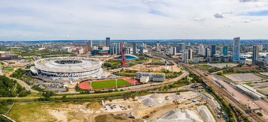 Fototapete - August 10, 2019. London, UK. Aerial view of the Olympic park in London with the the Olympic Stadium and the ArcellorMittal Orbit tower.