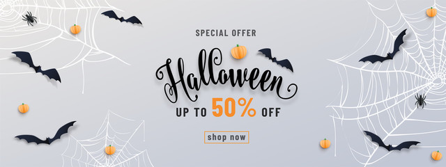 Wall Mural - Halloween sale banner, party invitation concept background. Holiday design with bats, spider, cobweb, pumpkin, lettering font text. Paper cut style. Vector illustration