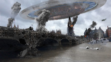 Alien Spaceship Invasion Over Destroyed London City Illustrattion