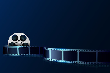 Wall Mural - Cinema film strip wave and film reel isolated on blue background. 3d movie art blank for cinema festival. Design element template can be used for advertising, backdrop, brochure, ticket