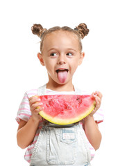 Wall Mural - Funny little girl with slice of fresh watermelon on white background