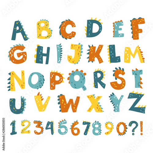 Fotomural Vector funny comic Dino alphabet and numbers on a white background in cartoon style