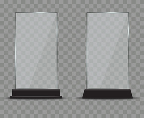 Wall Mural - Glass plate set on transparent background. Plastic banner panel on checkered backdrop. Realistic glossy Mock-up. Vector