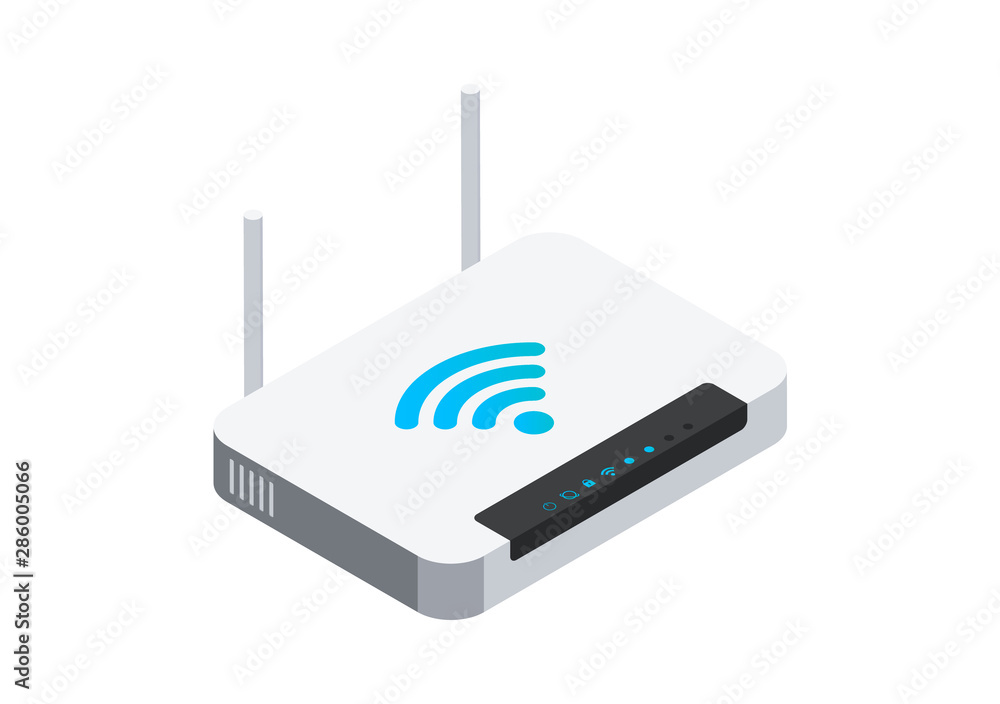 Isometric network wi-fi router with two antennas. Vector illustration isolated on white background. - obrazy, fototapety, plakaty 