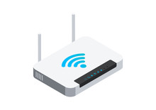 Isometric Network Wi-fi Router With Two Antennas. Vector Illustration Isolated On White Background.