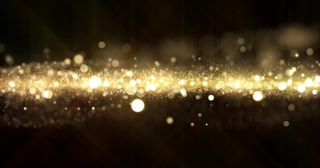 Poster - Gold glitter, light particles shine bokeh effect, shimmering magic bright glare. Shining gold glitter sparks and glittering sparkling light glow on black background