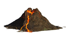 Volcano Eruption, Lava Coming Down A Mountain, Isolated On White Background