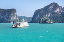 Large Ferryboat Carrying Passengers And Cars Crossing In Blue Sea  Between Samui Island And Surat Thani Province, Thailand Cargo Logistics Transportation Delivery Concept.
