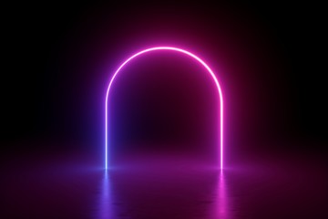 3d render, abstract minimalist background, pink violet neon line, round arch glowing in the dark, blank space, ultraviolet light, 80's retro style, fashion show, performance stage design